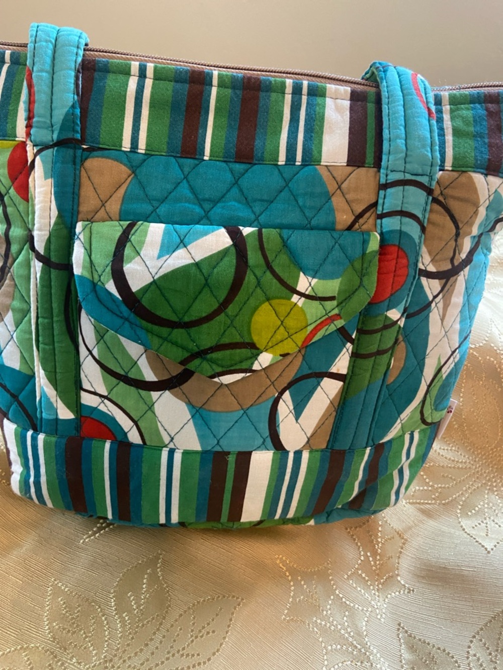 Quilted Patterned Tote Bag - Teal & Green